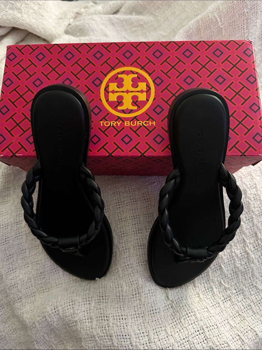 Tory Burch Black Braided Toe-Post Slide Sandals